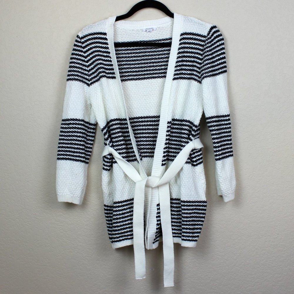 Westport Petite XS Striped Cardigan Tie Waist Black White Knit Sweater